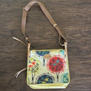 Fossil Yellow Multi-Color Tree-Print Crossbody Bag with Brown Strap